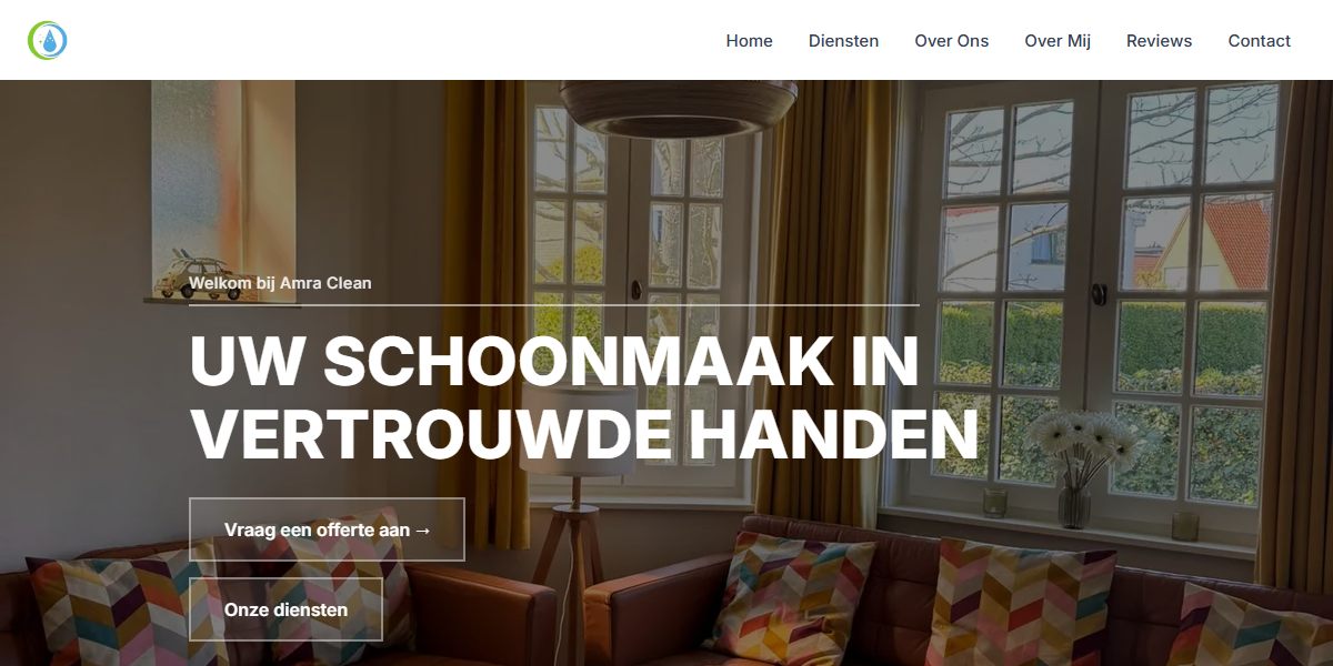 Amra Clean homepage presenting professional cleaning services in Belgium