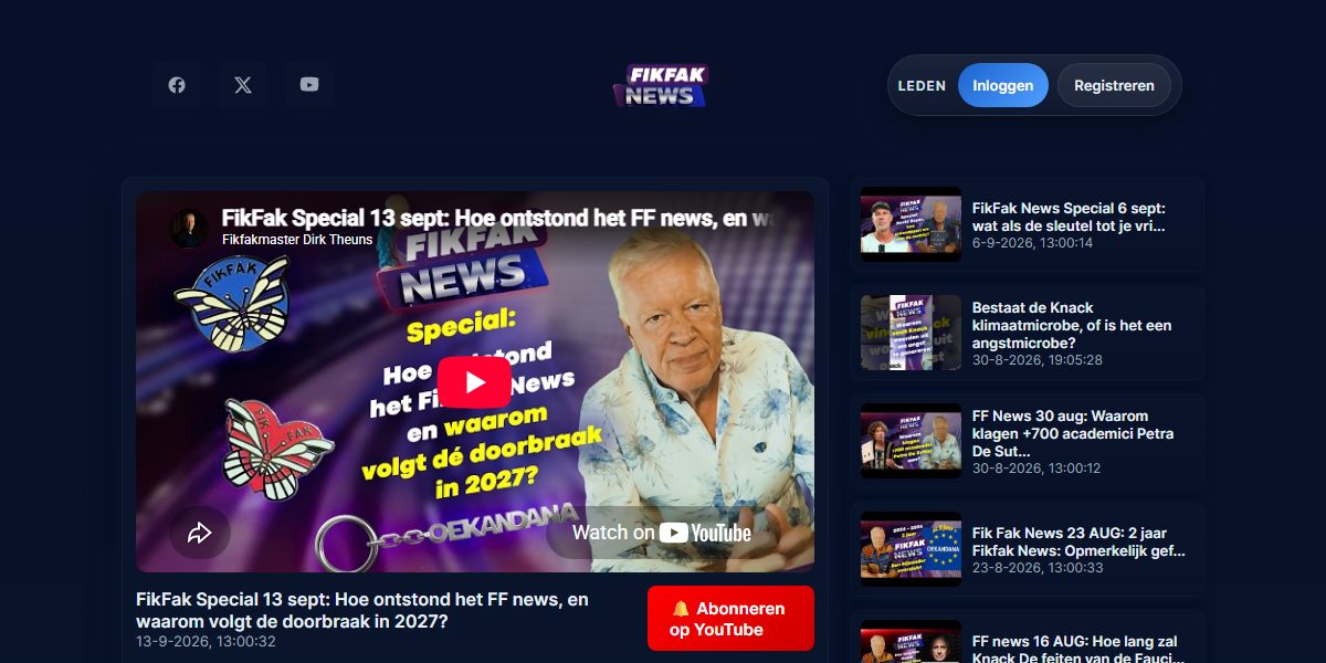 FikFak News homepage with featured video broadcast and article archive