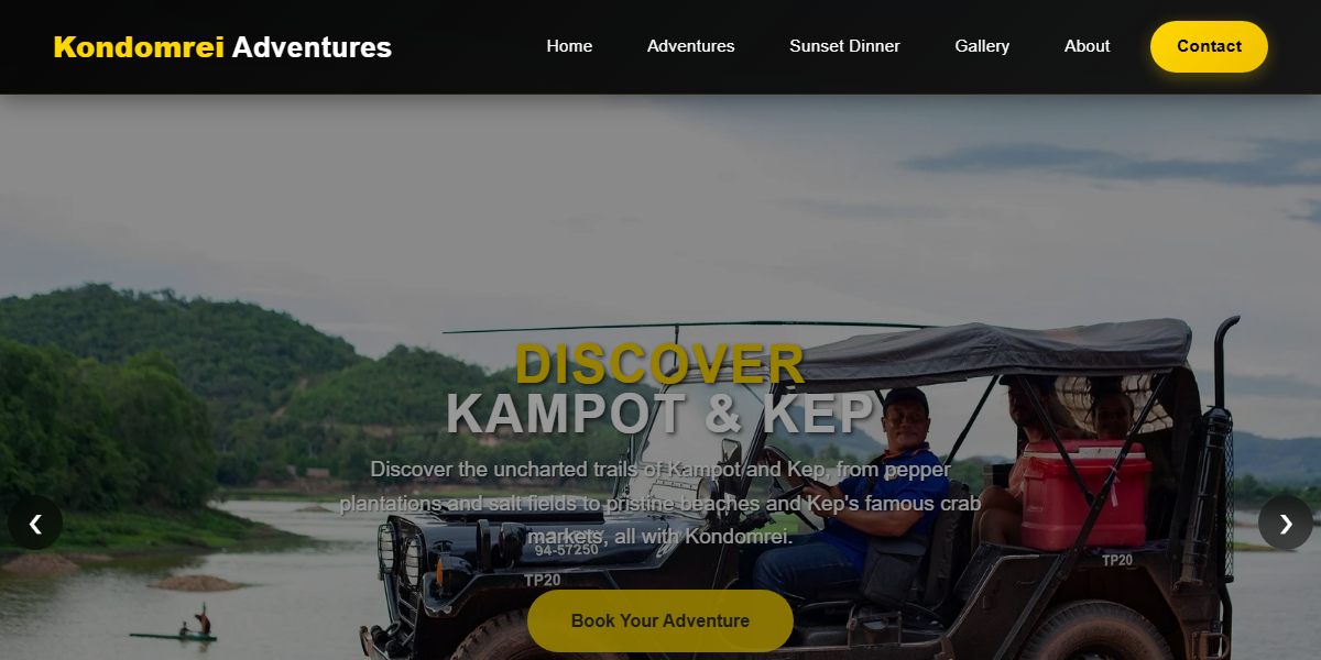 Kondomrei homepage showing jeep tour booking for Kampot countryside excursions