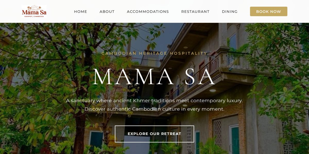 Mama Sa hotel and restaurant website homepage with booking and contact details