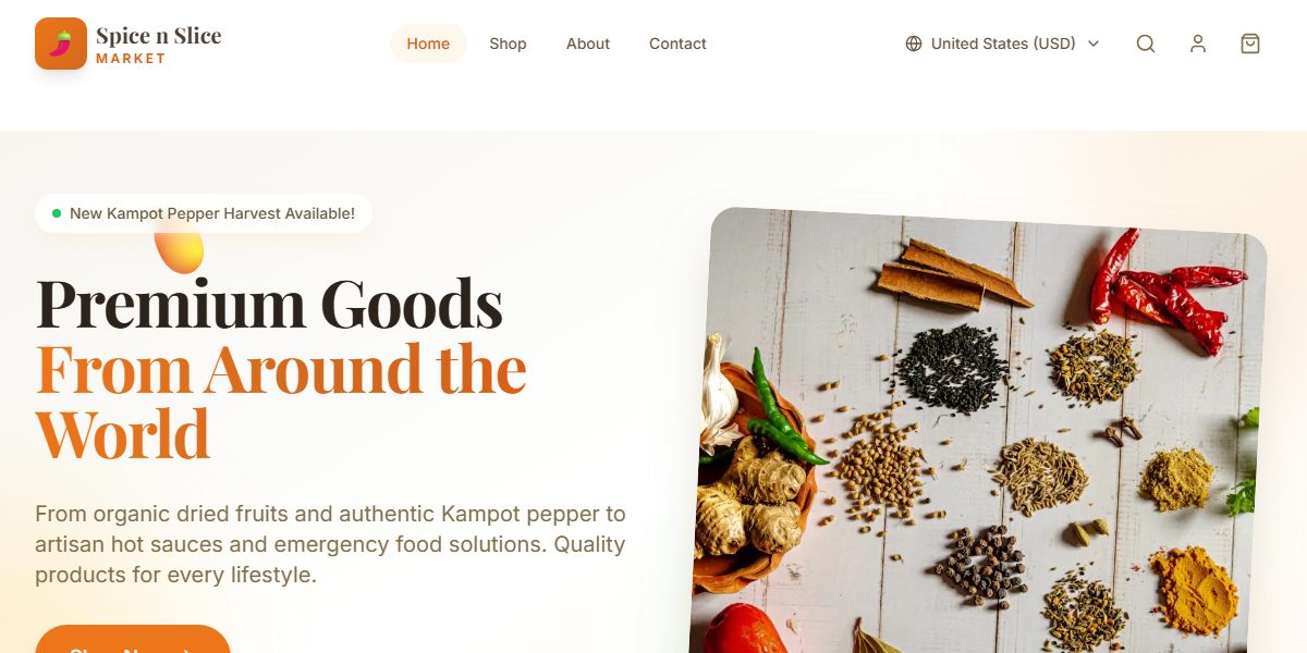 Spice n Slice Market storefront selling Kampot pepper and specialty goods